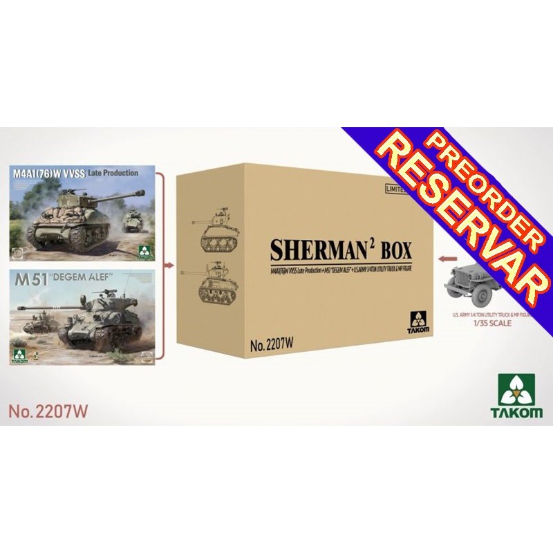 COMBO CARRO DE COMBATE SHERMAN x 2 BOX + JEEP WILLYS -Escala 1/35- Takom 2207W