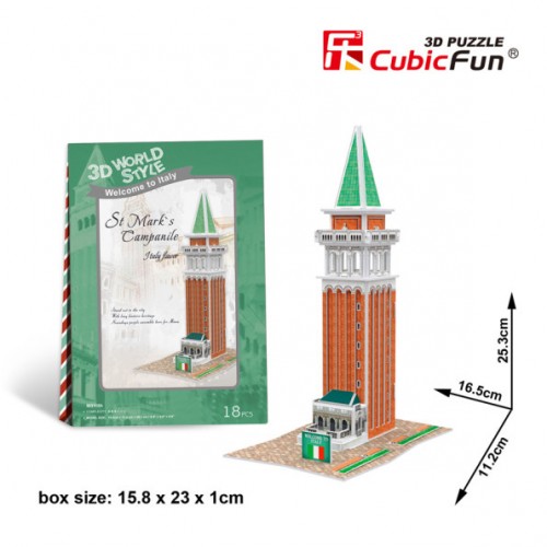 PUZZLE 3D ITALY FLAVOR CAMPANARIO DE SAN MARCOS (16,5 X 11.2 X 25.3 CMS) 18 PZAS CUBIC FUN W3116